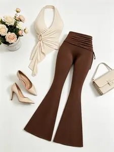 Spring Autumn Pure Desire Chic Halter Top, Irregular Hem Design, Foldover Slim Fit Long Pants Set, Two-Piece Outfits for Women