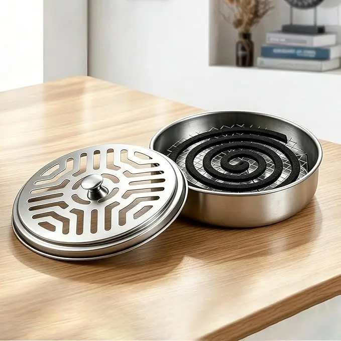 1 pcs Stainless Steel Mosquito Coil Holder- Mosquito Coil Box with Lid Mosquitos Incense Holder for Citronella Coils Outdoor Indoor (Mesh Style)