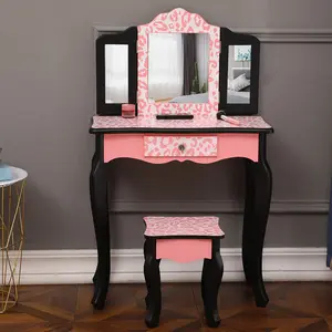 Vanity Table and Chair Set, Girls Vanity Desk Set with Mirror and Stool, Makeup Dressing Princess Table with Drawer, Vanity Set with Mirror, Black & Pink