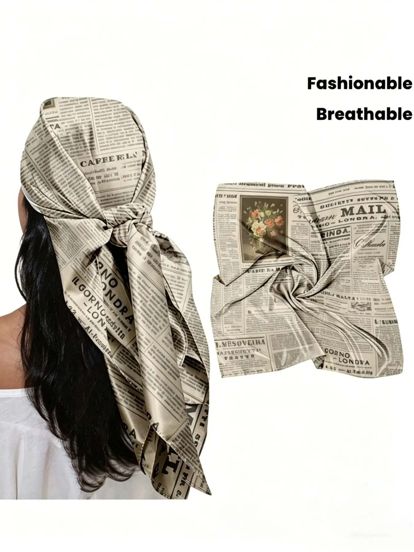 Square Scarf 35 Inches Vintage Newspaper Print, Women's Casual Fashion Headscarf, Square Head Scarves, Breathable Stylish Accessory, Trendy Retro Design, Fashion Shawl Wrap