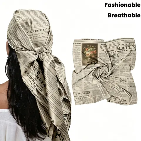 35-Inch Square Scarf with Vintage Newspaper Print, Women's Casual Fashion Headscarf, Breathable and Stylish Accessory, Trendy Retro Design, Casual Fashionable Scarf