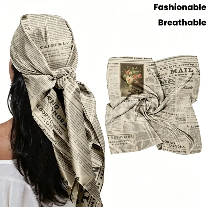 35-Inch Square Scarf with Vintage Newspaper Print, Women's Casual Fashion Headscarf, Breathable and Stylish Accessory, Trendy Retro Design, Casual Fashionable Scarf