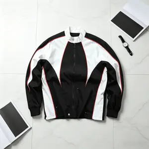 Men’s Colorblock Racing Style Windbreaker Jacket, Black & White with Red Trim, Full-Zip Stand Collar Streetwear Coat, Lightweight Windproof Outerwear for Teens & Adults, Ideal for Casual Outings, Sports and Daily Fashion Vintage Leopard Print Fleece, Tops