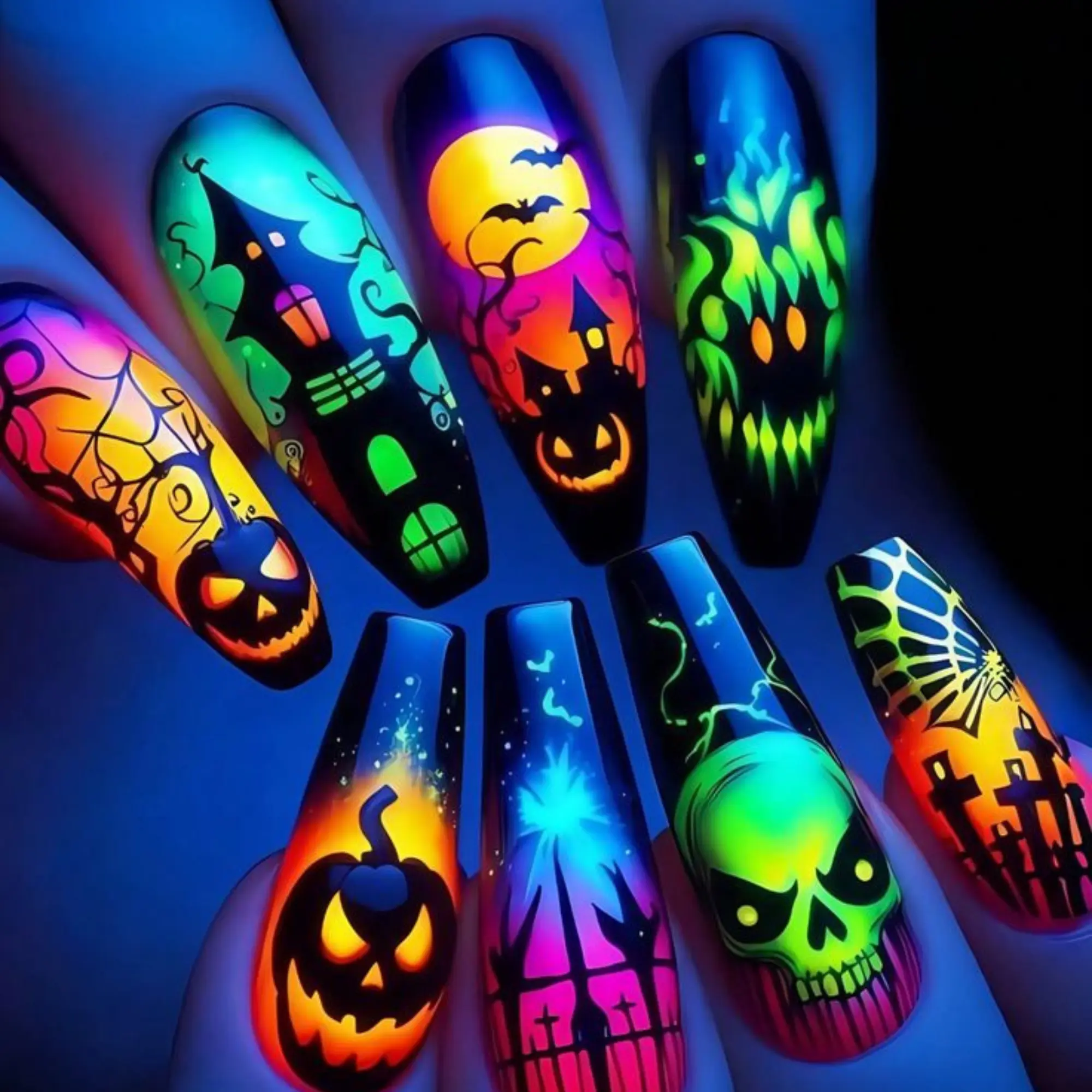 Neon Halloween Press On Nails | Glowing Pumpkin Skull Haunted House Nail Art | Handmade Spooky Reusable False Nail Set