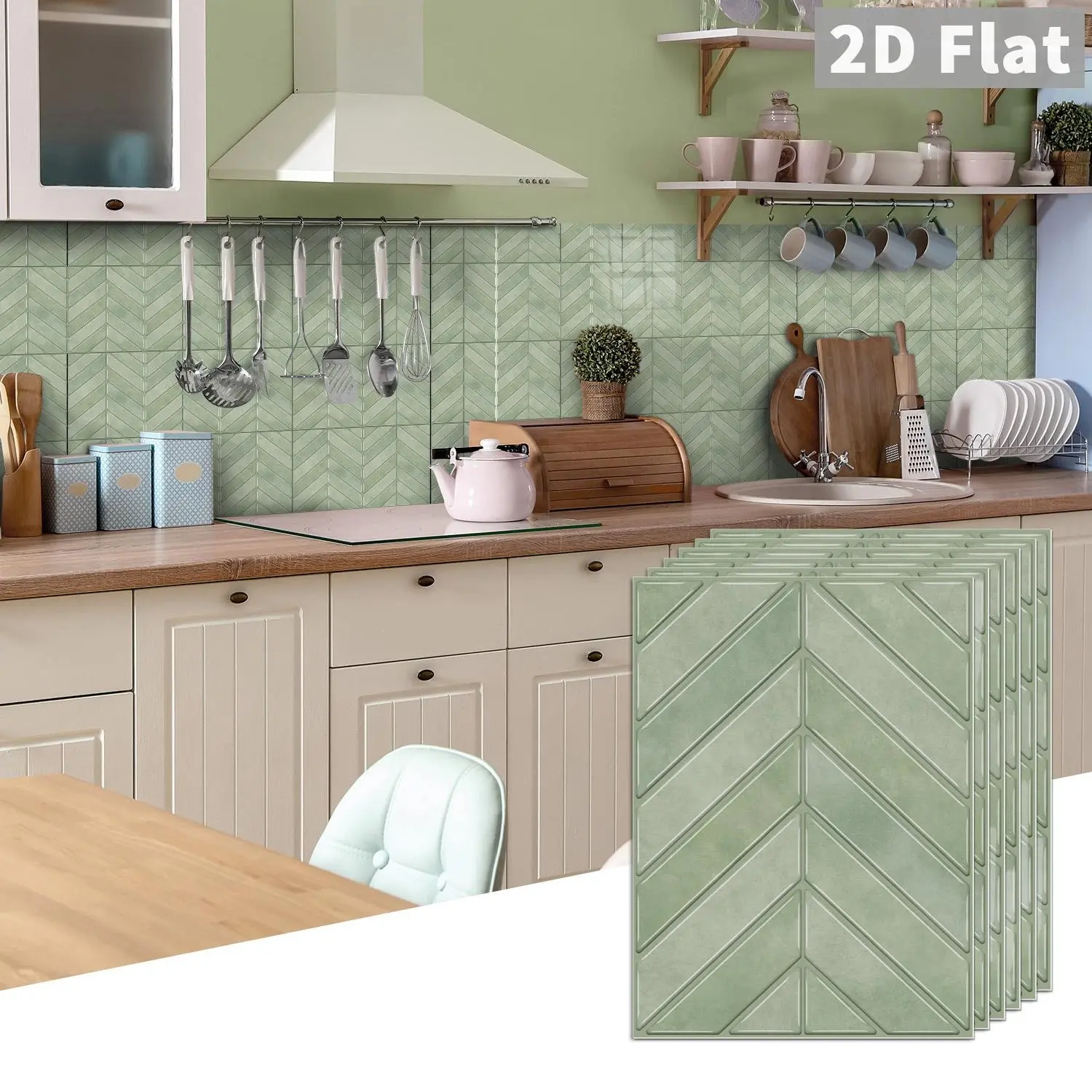 10 PCS/Box GST PE Crystal Foam Tile Stickers, Light Green Herringbone, Waterproof Oil-Proof Anti-Collision
