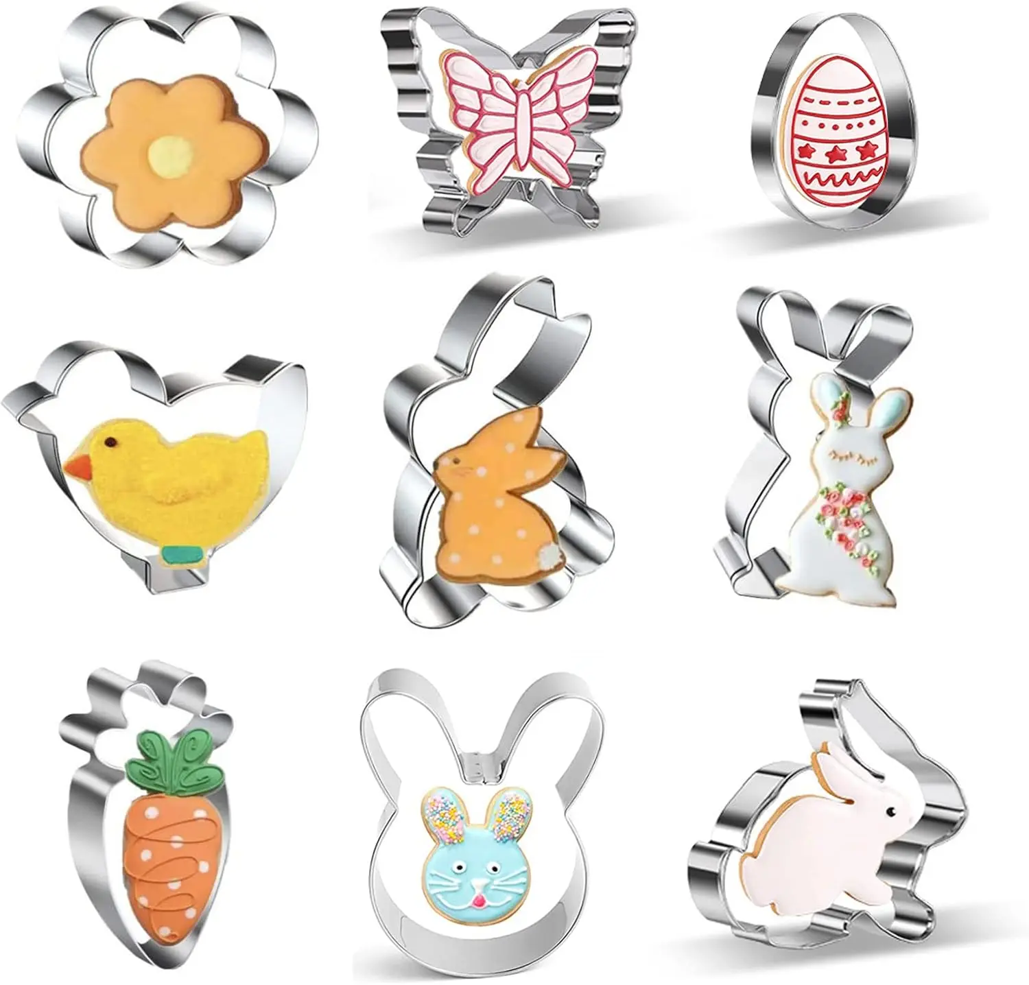 9 count Easter Cookie Cutters Set - Cute Easter Themed  includes Bunny, Egg, Chick, Butterfly, Flower, and Carrot Cutters Molds for Easter Spring Decorations