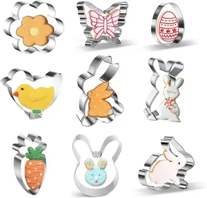 9 count Easter Cookie Cutters Set - Cute Easter Themed  includes Bunny, Egg, Chick, Butterfly, Flower, and Carrot Cutters Molds for Easter Spring Decorations