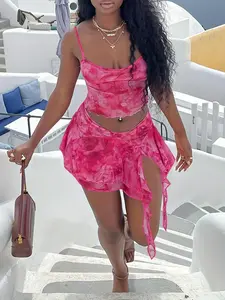 Women's All Over Print Crop Cami Top & Skirt Two-Piece Set, Fashion Casual Skirt & Top Set for Daily Outdoor Wear, Ladies Clothes for All Seasons