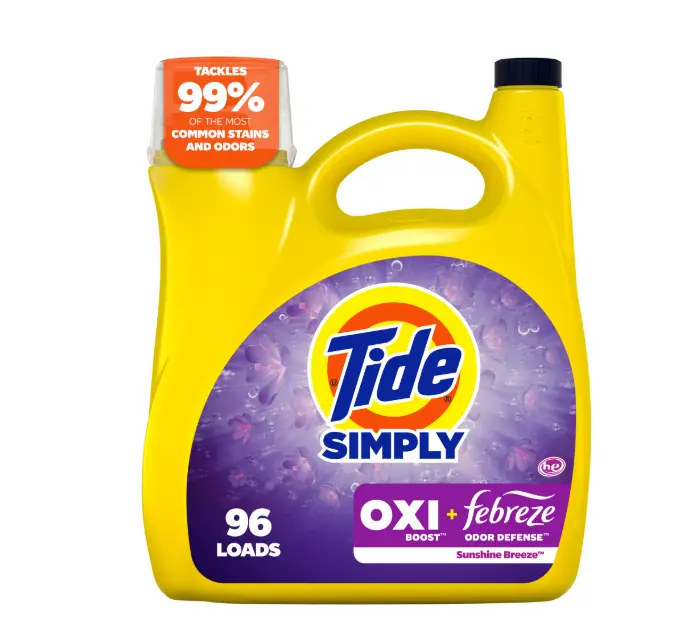 Tide Simply Laundry Detergent Liquid, Oxi Boost + Febreze Odor Defense, Sunny Breeze Scent, 129 fl oz, 96 Loads