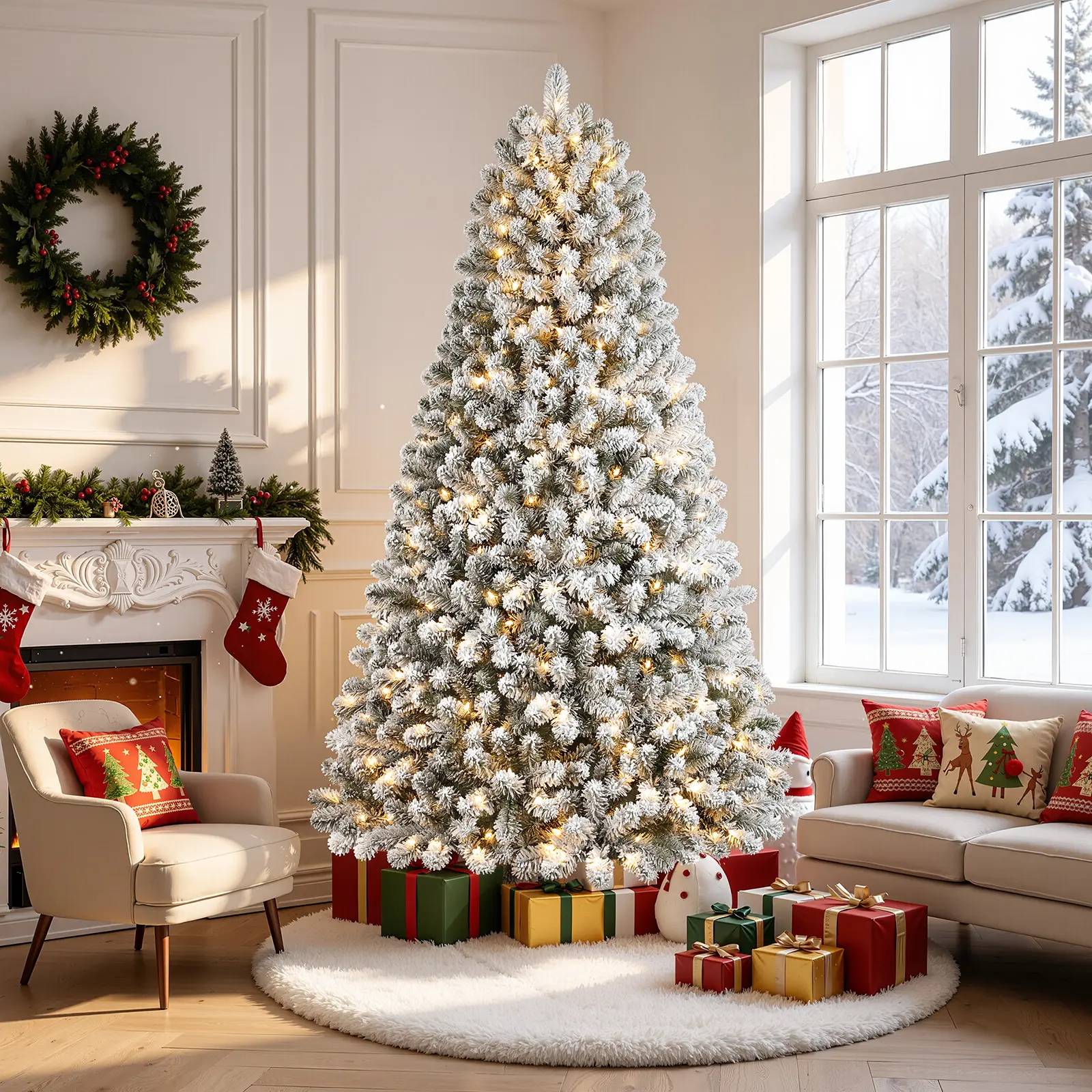 4–7.5FT Pre-Lit Snow Flocked Christmas Tree with 13 Light Modes, Warm White Lights, Fluffy Artificial Christmas Tree for Holiday Home Decor, Indoor Christmas Decorations