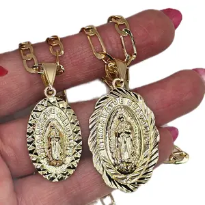 Virgin of Guadalupe Pendant Necklace - Gold Plated Oval Design with Chain - Religious Jewelry for Women and Men