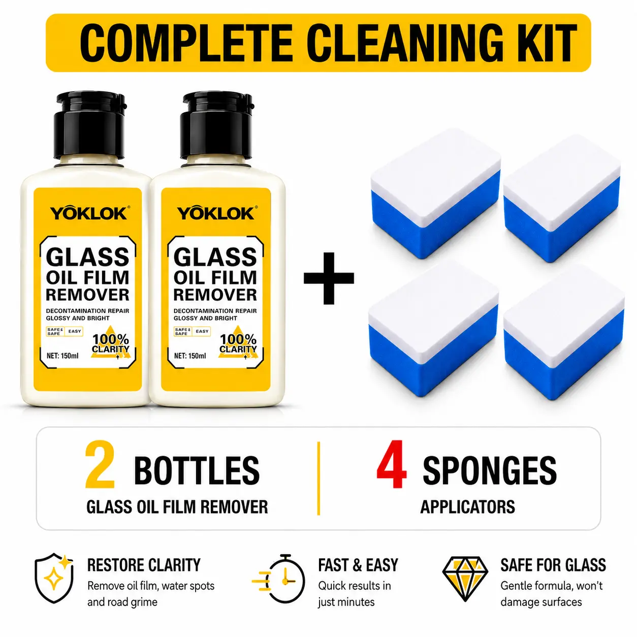 YOKLOK Premium Glass & Windshield Oil Film Remover – Fast Streak-Free Crystal Clear Shine for Cars Mirrors Windows Home Glass Shower Doors