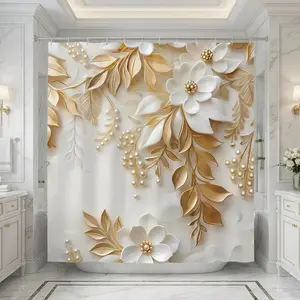 72x72 shower curtain, Shower curtain sets, bathroom four-piece set, bathroom floor mat, toilet seat cover, U-shaped floor mat, golden flower pattern, waterproof fabric, comes with 12 plastic hooks, no drilling required, easy to install, home decor item