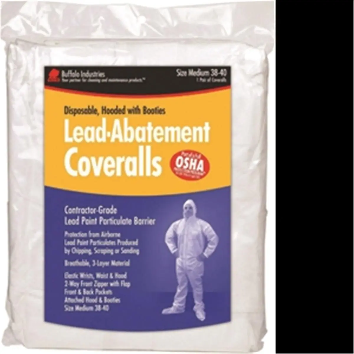Buffalo Industries Polypropylene Workwear Coverall Uniforms for Lead Protection with Attached Hood, Elastic Wrists, Front and Back Pockets, Extra Large