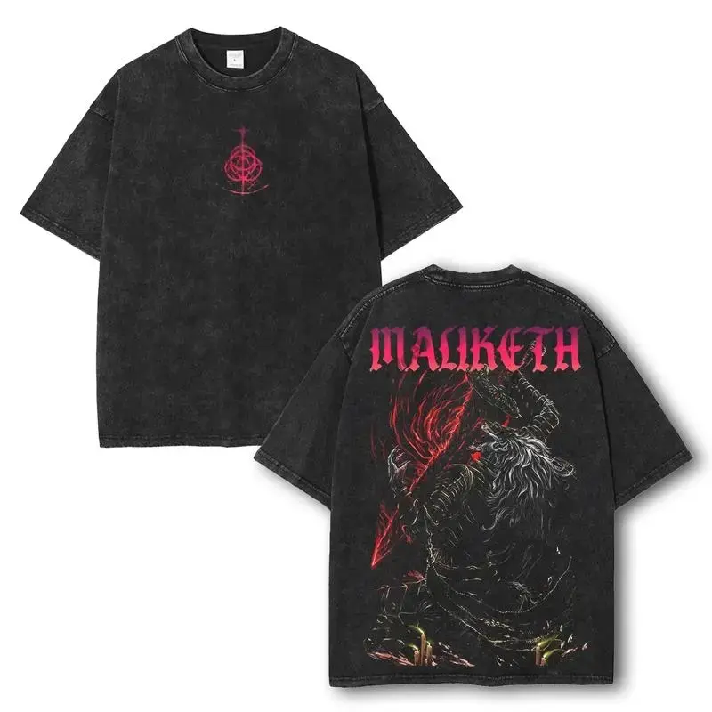 Limited Edition Elden Ring Anime Double Printed Men's Short-Sleeve Round Neck Cotton T-Shirt - Lightweight Acid Washed, Gift for Game Lovers, Stylish Casual Menswear Top, Shortsleeve