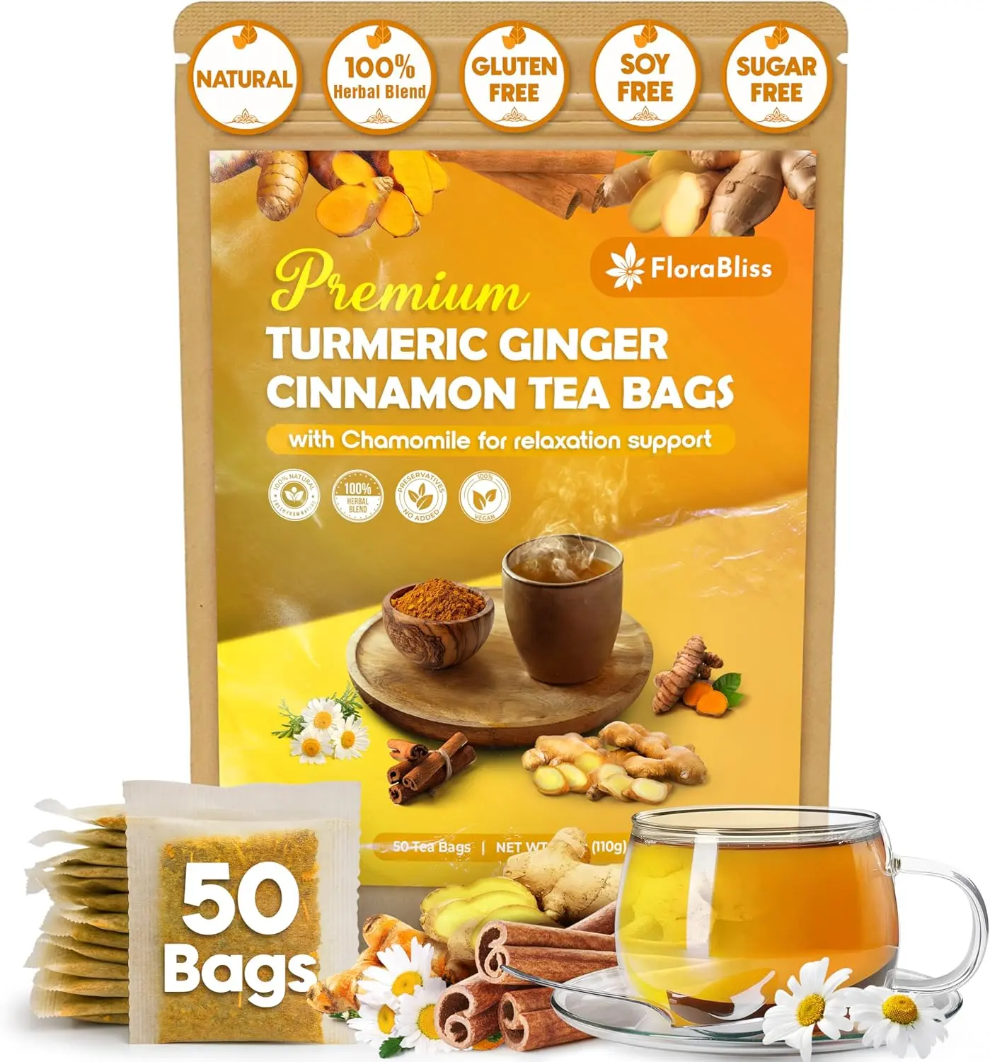 FloraBliss 50 Bags Premium Turmeric, Ginger, and Cinnamon Tea with Chamomile, Extra Strength 2.2g/Bag, 100% Natural, Caffeine-Free, Vegan, Eco-Friendly, Supports Digestion, Relaxation
