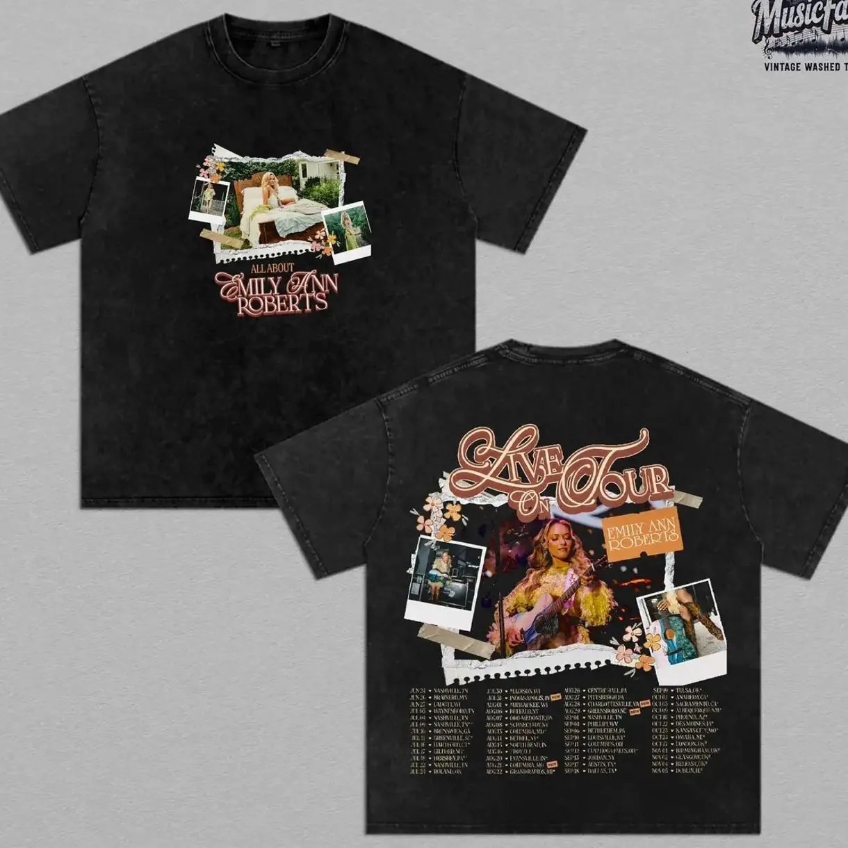 Emily Ann Roberts Live Tour Vintage Washed Oversized T-Shirt, Double Sided Tour Dates Graphic Tee, Heavyweight Cotton Acid Wash Country Music Concert Shirt, Retro Western Cowgirl Streetwear, Unisex Country Fan Merch Gift Tee 5II