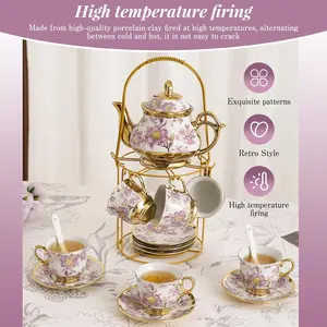 20 Pcs Porcelain Tea Set with Metal Holder European Flower Tea Sets for Adults,Christmas Gift, Hosuewarming Gift, Ceramic Tea Party Set European Flower Painting Teapot Cup Saucer Spoon Set for Women, Large Version (Elegant Purple)