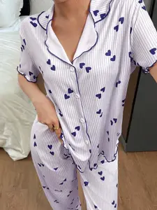 Light Purple Striped Heart Print Pajama Set with Ruffle Trim | Sweet & Cozy Aesthetic | Short Sleeve & Long Pants | Luxury Loungewear | Perfect for Comfortable Sleepwear