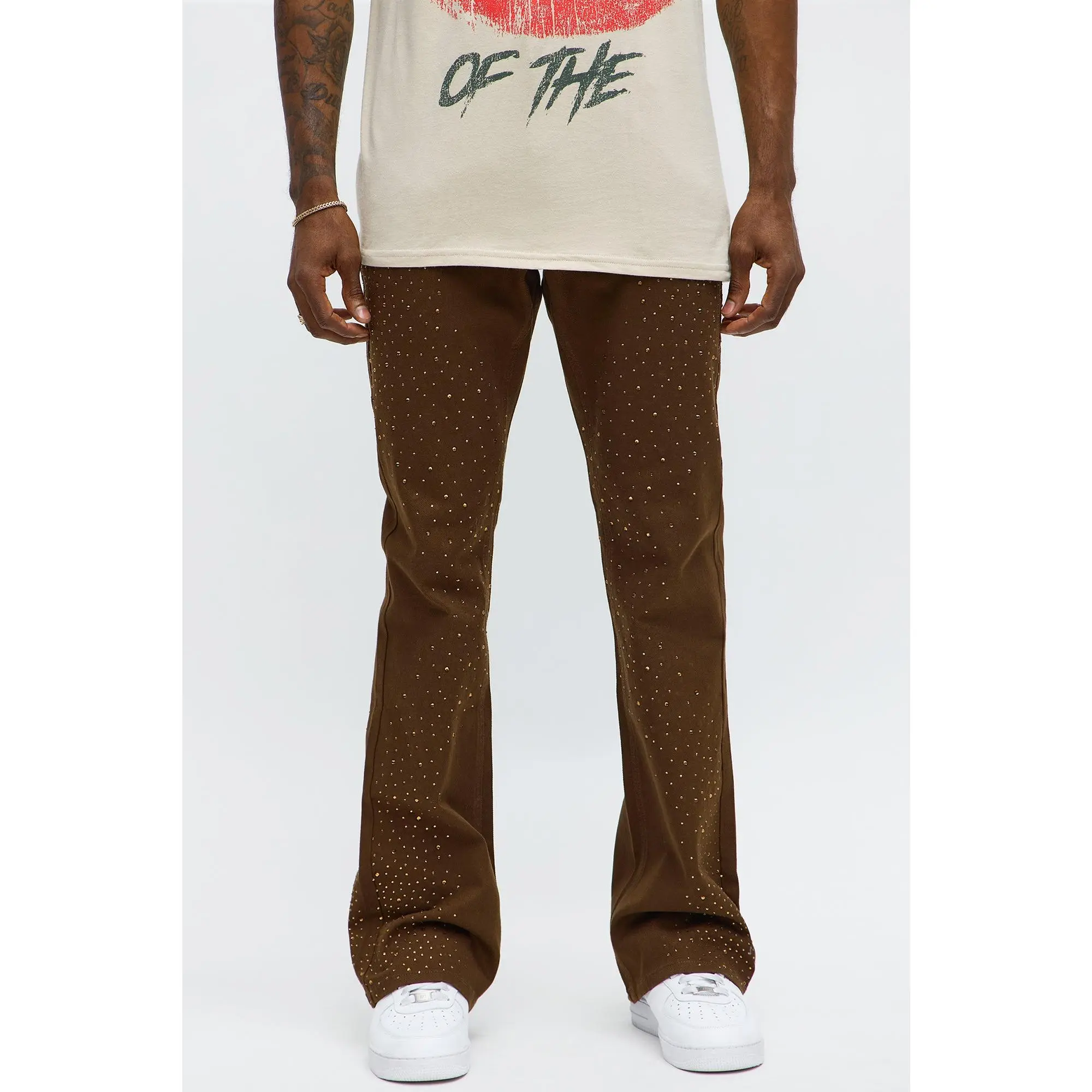 Stacked Skinny Flare Be Jeweled Up Pants - Brown