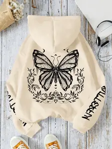 Women's Hooded Drawstring Sweatshirt with Large Pockets, Butterfly & Letter Print, Casual Loose-Fitting Long Sleeve, Fall & Winter Wear, Casual Pullover Hoodies, Drawstring Hoodie Top