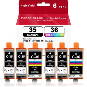 PGI-35 CLI-36 Ink Cartridges 6 Pack Compatible with  iP100 iP110 TR150 TR160 Printers Replacement for  35 36 Ink,4 Black, 2 Tri-Color