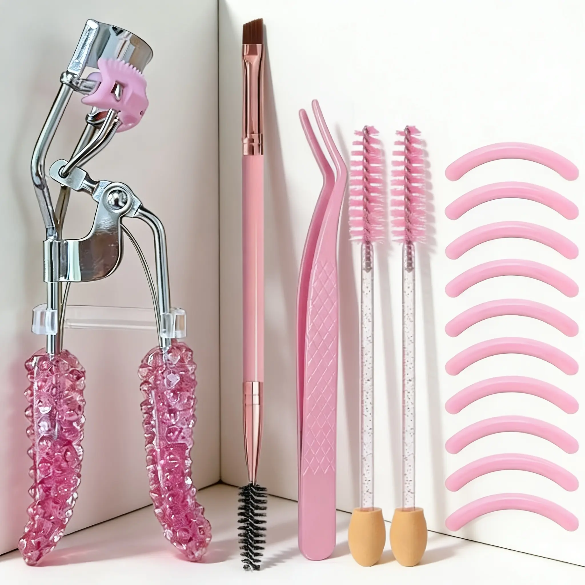 Shiny Eyelash Extension Set with 10 Silicone Padding Pads, Precision Tweezers, Dual-Ended Brow Brush, Portable Professional Cosmetic Makeup Tool DIY Kit Eyelash Tools