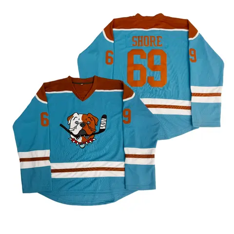 Men's Sudbury Bulldog 69 Shore Shoresy Ice Hockey Jersey Shirts - V-Neck (Gives Clean Modern Look), Loose Fit, Stitched Embroidery, Twill Material, Cooler Wear, Long Sleeve, Unisex, S-XXXL Plus Size Sports Outerwear, Fan-Pride, Figure-Flattering (Blue)