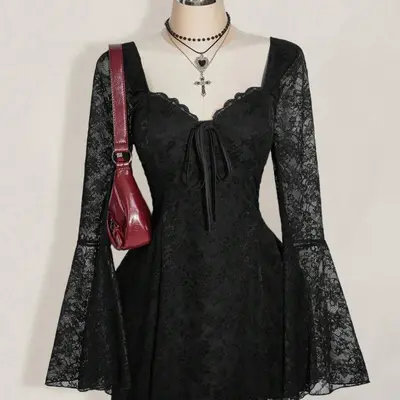 y2k semi formal dress y2k womens a line dress round neck bow detail stretchy midi