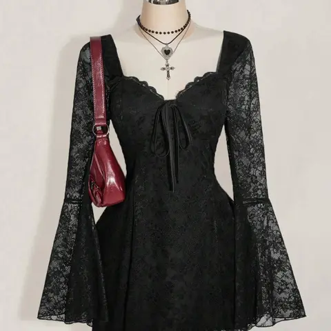 Women's Y2K Punk Lace Long Sleeve Sweetheart Neck Slim Fit Dress, Date Night Dresses, Womenswear, Festival Elegant Formal Style, Fashion Tight-Fitting Bodycon Dress for Summer & Early Fall