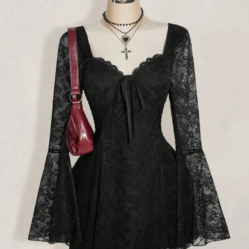 Women's Y2K Punk Lace Long Sleeve Sweetheart Neck Slim Fit Dress, Date Night Dresses, Womenswear, Festival Elegant Formal Style, Fashion Tight-Fitting Bodycon Dress for Summer & Early Fall