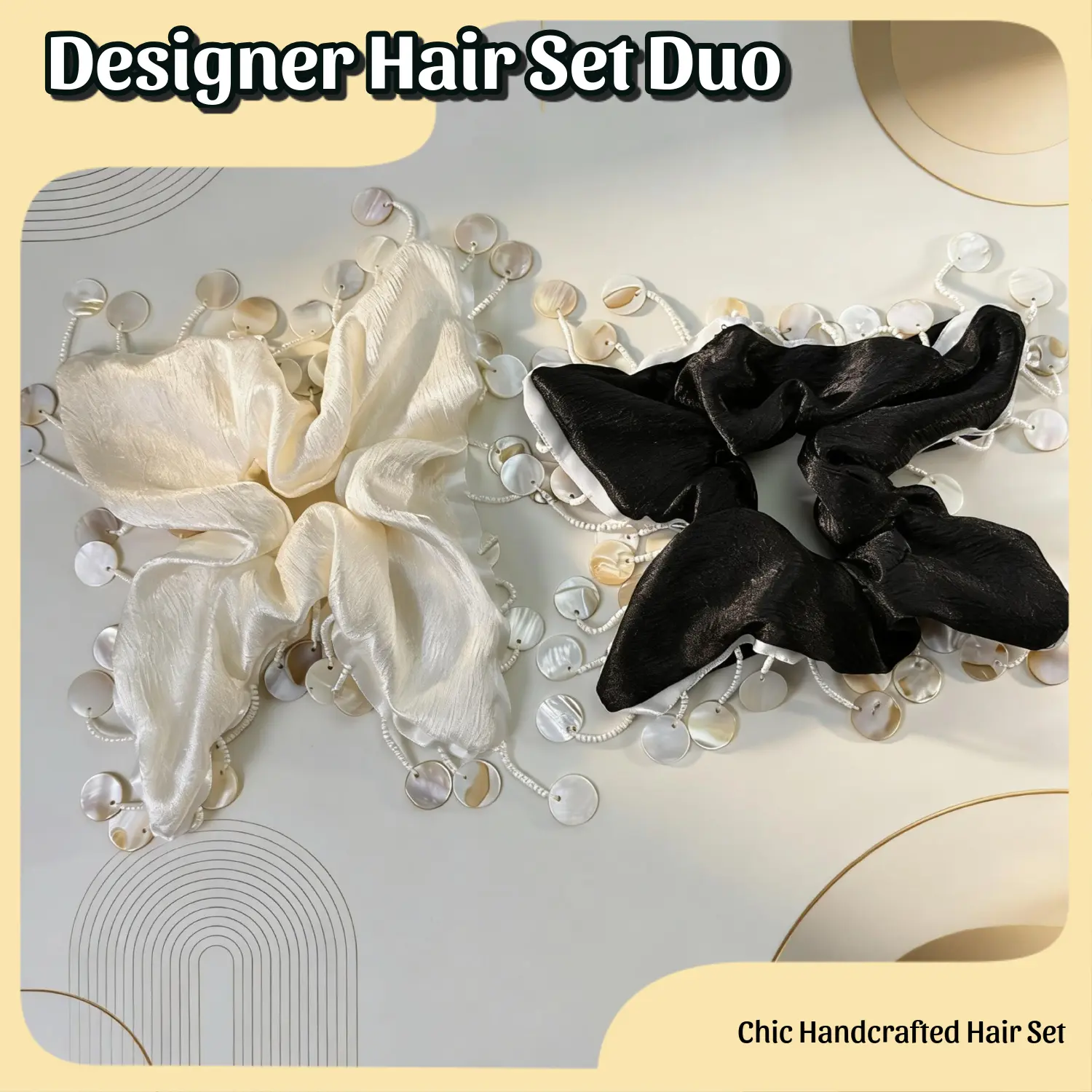 Handmade Craft 2-Piece Hair Accessory Set - Tassel Accent Scrunchie with Shell Pendant, Unisex Designer-Style Square Shape Scarf/Bandana for Casual Wear