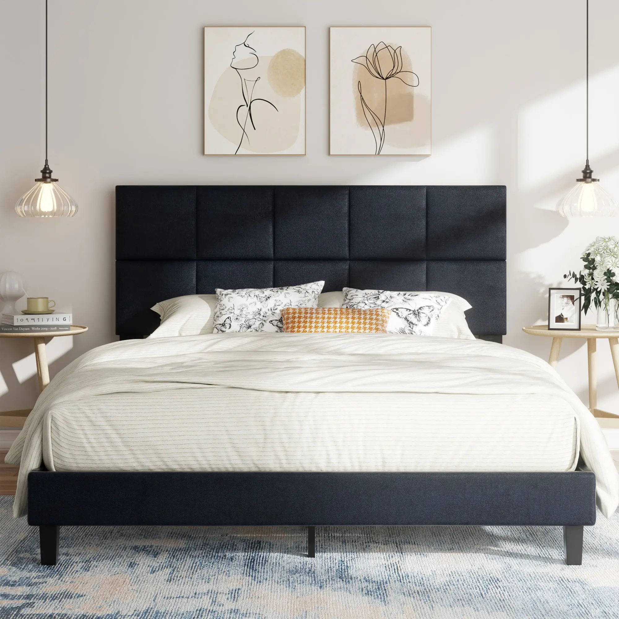 Walsunny Queen Bed Frame with Headboard, Wood Queen Platform Bed No Box Spring Needed, Fabric Upholstered Bed Frame ,600 LBS Support,Noise Free, Dark