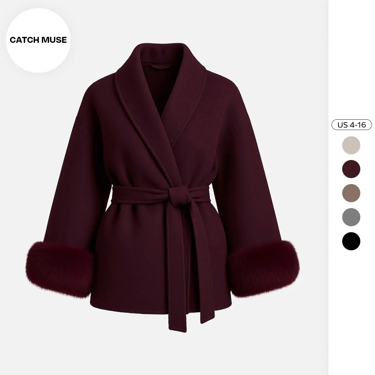 KatchMe Women's Elegant Solid Color Waist Tie Fuzzy Cuff Wrap Coat, Premium Plush Long Sleeve Thermal Coat, Outerwear Jacket for Fall & Winter