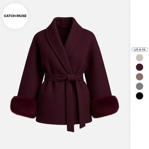 KatchMe Women's Elegant Solid Color Waist Tie Fuzzy Cuff Wrap Coat, Premium Plush Long Sleeve Thermal Coat, Outerwear Jacket for Fall & Winter