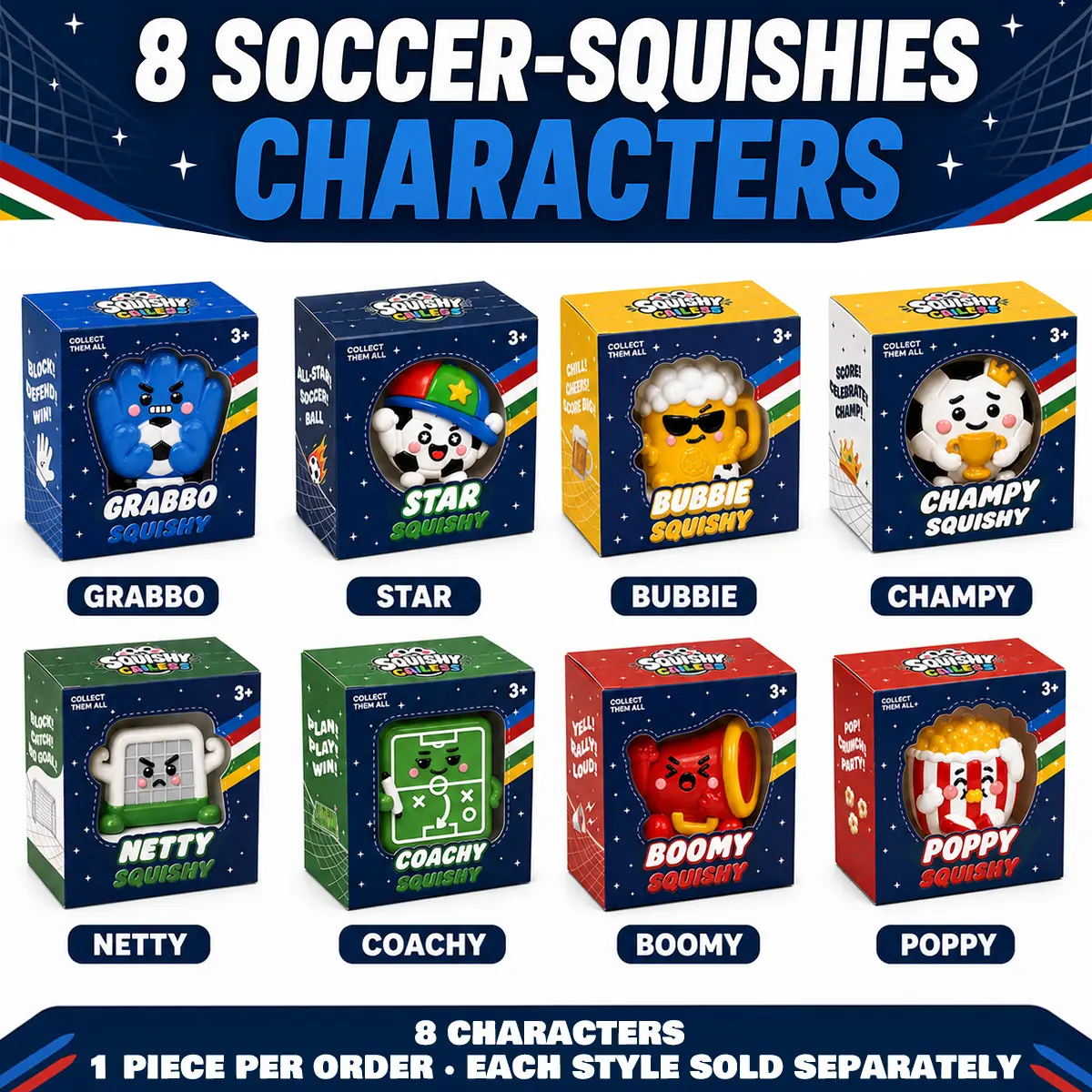 CAILESS Soccer Theme Taba Squishy Toys, 8 Football Character Silicone Squeeze Toys in Gift Box, Slow Rising, Safe Non-Toxic, Stress Relief Squishies Fidget Toys & Birthday Party Favor for Kids & Adults