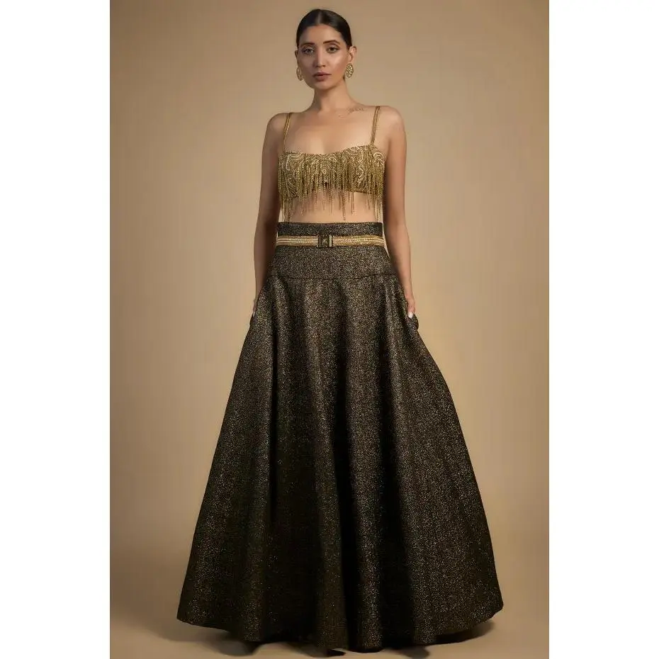 Gold chains with moti blouse and lehenga