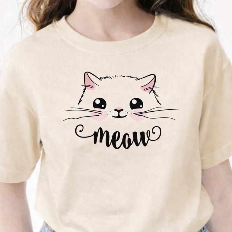 Meow Cat Graphic T Shirt for Cat Lovers, Cute Minimal Cat Face Design Tee, Funny Aesthetic Shirt for Cat Moms Cat Dads Daily Wear, Perfect Gift for Cat Parents