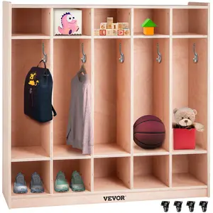 VEVOR Coat Locker, 5-Section Daycare Cubby Coat Rack 48x12x48 inch, Classroom Coat Locker and Backpack Hanger, with 5 Hooks and Storage Boxes, for Kindergarten School, Natural