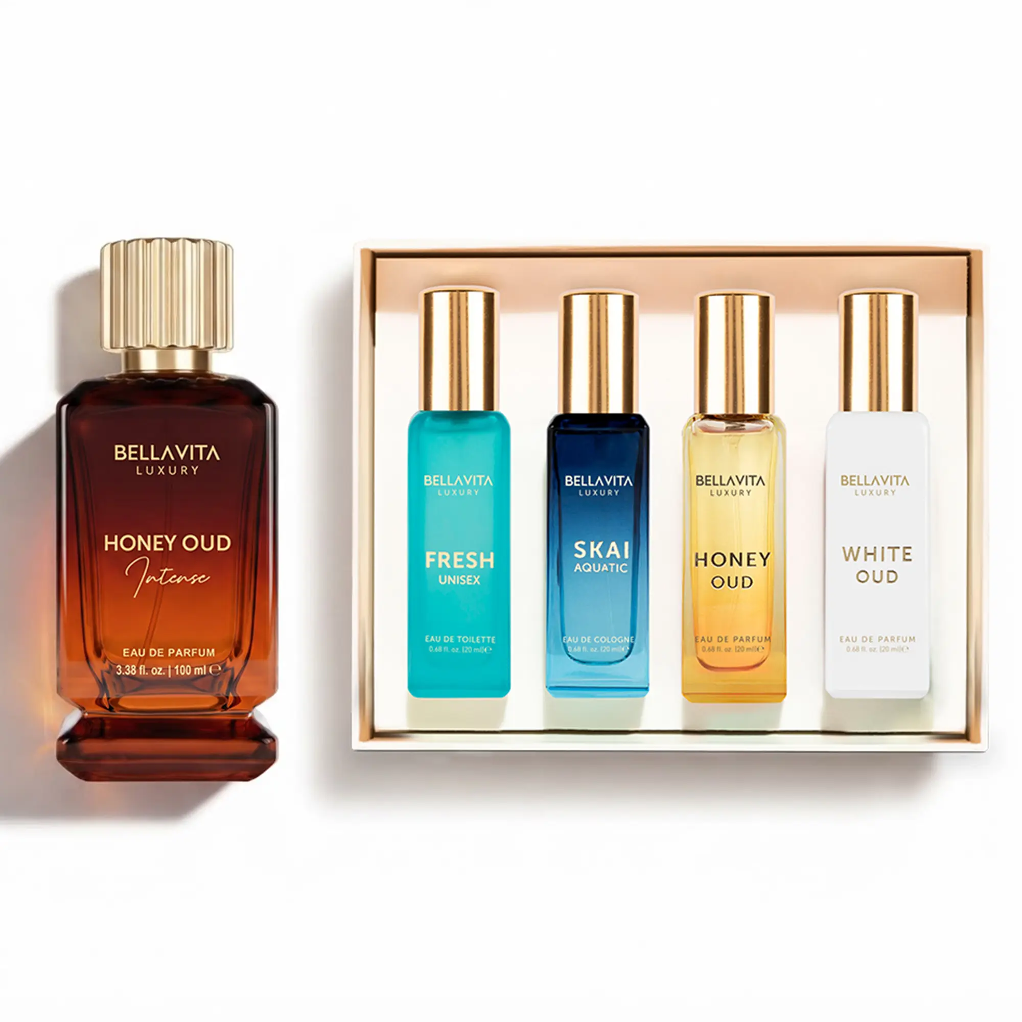 The Luxe Scent Wardrobe by BellaVita Luxury | Honey Oud Intense & Unisex Perfume Gift Set | Honey, Oud, Vanilla, White Oud, Aquatic & Fresh Notes | 5-Piece Fragrance Collection