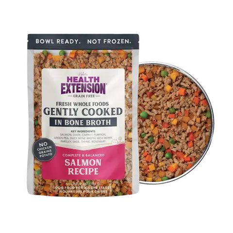 Health Extension Gently Cooked, Grain-Free, Natural Wet Salmon Dog Food - 3 oz (9oz Pouches Option), 30g Servings, Rosemary, Parsley, Vitamins, Bone Broth, Amino Acid for All Ages Balanced Meals