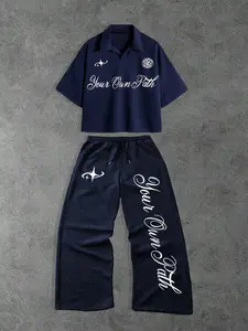 Men's Navy 'your Own Path' Cropped Polo & Wide-Leg Pants Set, Y2K Streetwear Loungewear, Casual Fitted Style, Spring & Fall