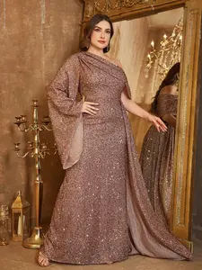 New Asymmetrical Shoulder Sequined Bell Sleeve Waist Cinched Patchwork Flowy Elegant Chic Glamorous Formal Evening Party Dress Gown