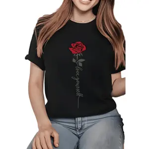 Red Rose Graphic Print T-Shirt For Women Casual Short Sleeve Tee  - Comfortable Crew Neck, Soft Adorable Tees