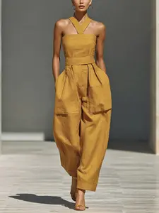 2026 Summer New Solid Color Cross Halter Neck with Pockets Loose Fit Women's Romper, Stylish and Comfortable One-Piece