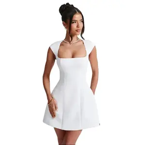 [LTO]Women'S Plain Square Neck A Line Dress, Elegant Formal Cap Sleeve Short Dress For Party Holiday Wedding Guest, Ladies Fall Clothes