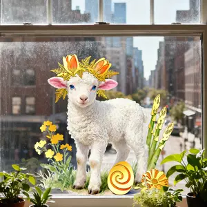 A set (30*30cm) of Easter lamb with tulip garland window stickers for decorating festival living rooms and rooms, window stickers, decorating bathroom windows, shop windows, glass doors, self-adhesive door stickers GA20027