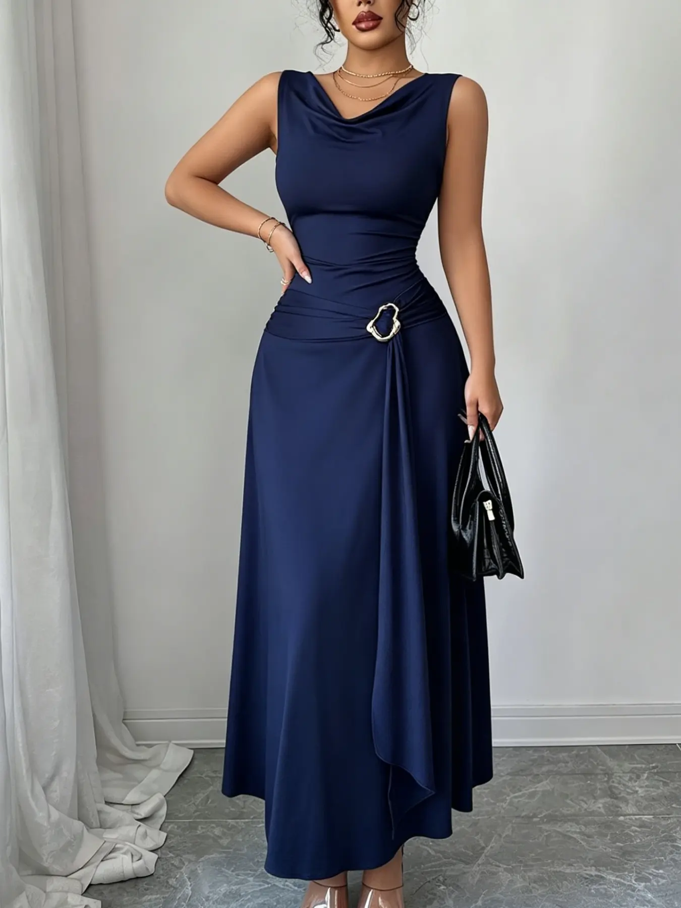 A fashionable blue waist cinching sleeveless dress for women, with a high waisted cut that accentuates curves, suitable for commuting to work, shopping, and outdoor wear, Chic Elegant Formal, Elegant Formal Dress, Elegant Evening Wear