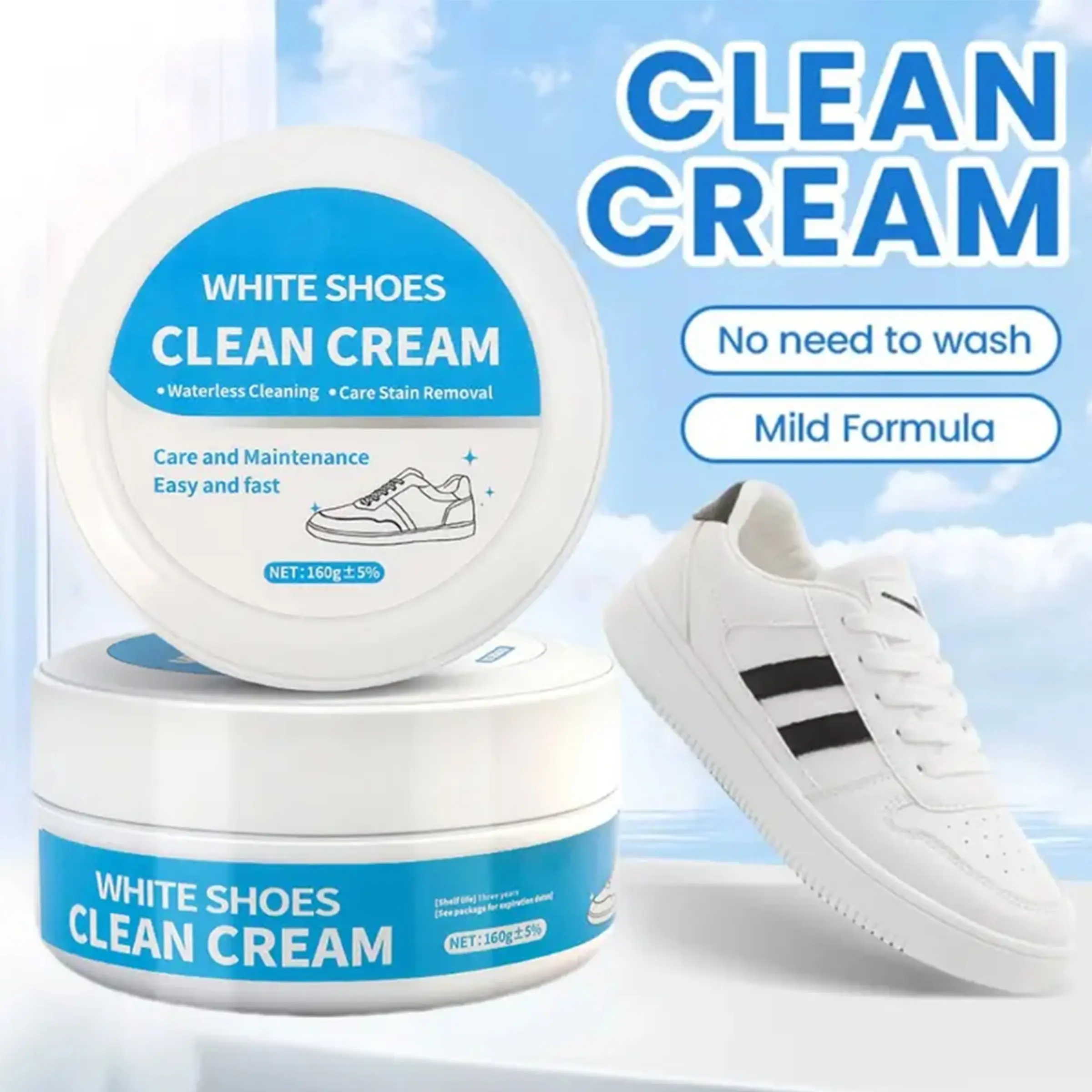 1-Count Multipurpose White Leather Shoe Cleaner Cream with Sponge, No-Wash Solid, Eco-Friendly Formula, Wipe Cleaning, 160g Weight - Home Care Household Cleaner