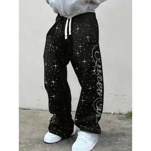 Men's American Style Autumn Sweatpants, Starry Sky Rhinestone Pants, Fashionable Washed Straight Leg Streetwear Joggers